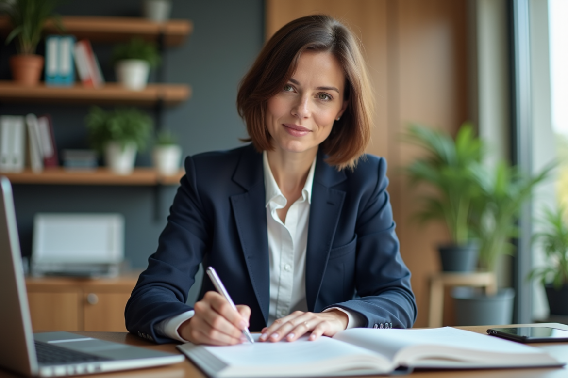 Femme concentrée prenant des notes dans un bureau moderne