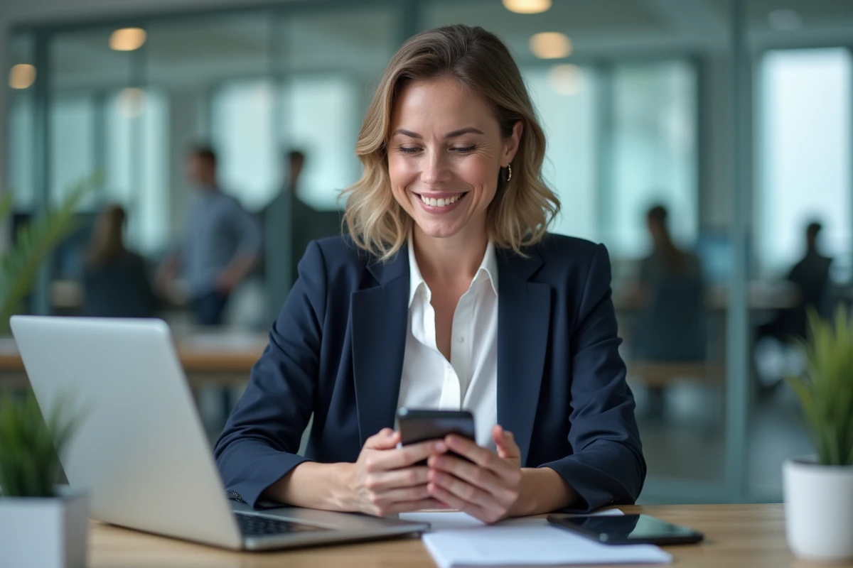 Femme au bureau ému lisant un message de soutien avec emoji croiser les doigts sur son téléphone