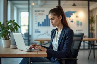 Jeune femme au bureau travaillant sur un ordinateur portable