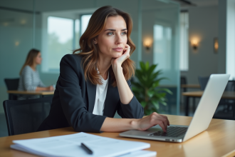 Femme en bureau moderne avec ordinateur et dossiers