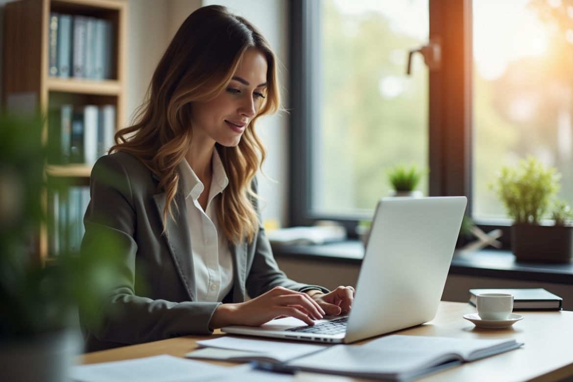 Jeune femme professionnelle utilisant un ordinateur dans un bureau lumineux