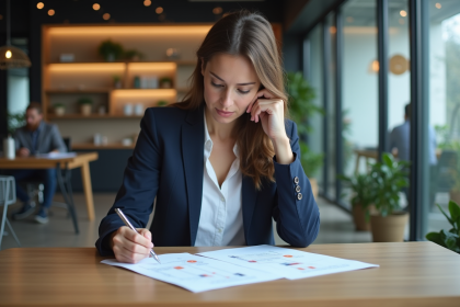 Femme en bureau moderne examine un organigramme