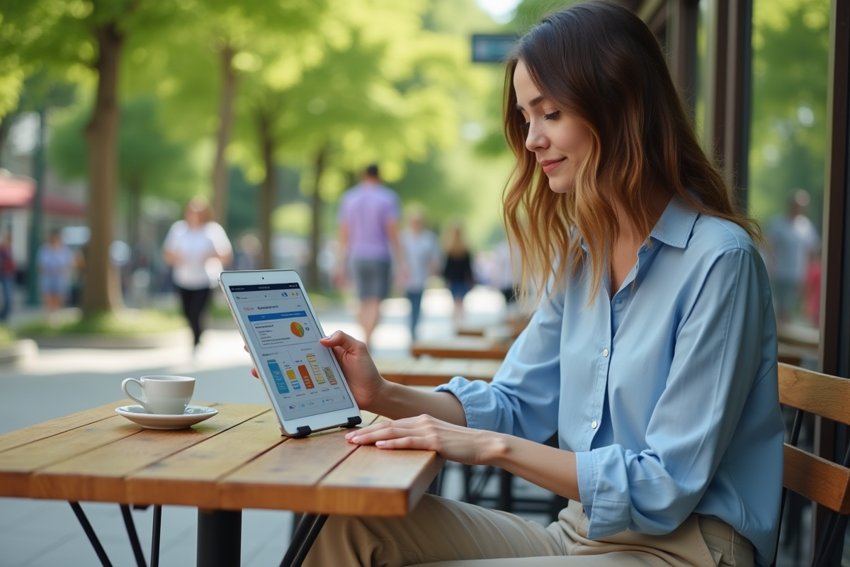 Jeune femme regardant une infographie sur une tablette en extérieur