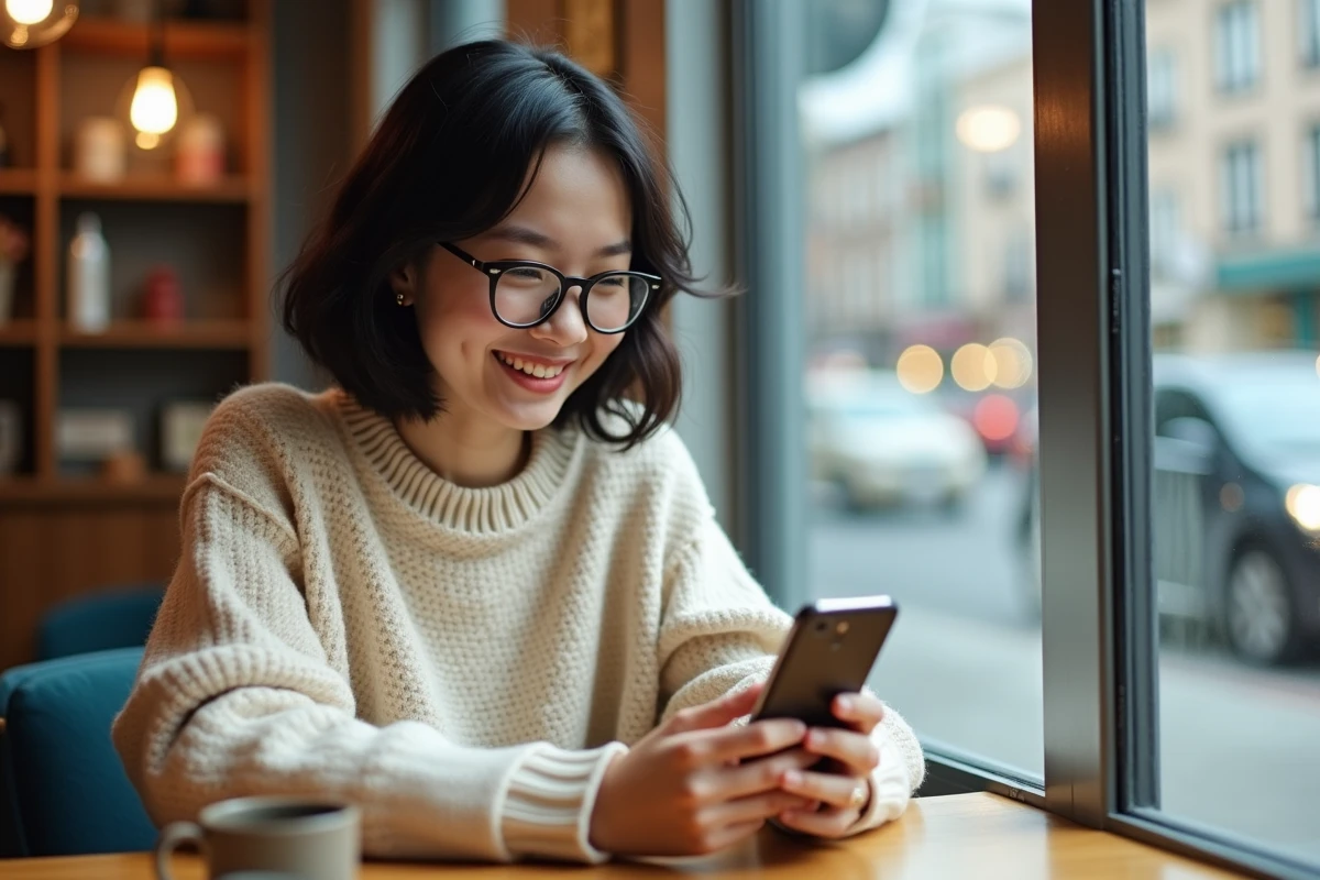 Femme regardant manga sur smartphone dans un café