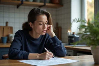 Femme pensant à un casse-tête dans une cuisine belge chaleureuse