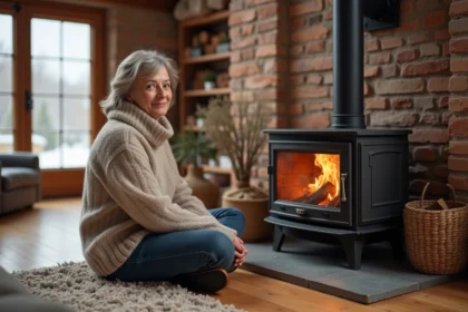 Femme assise près de la cheminée en hiver chaleureusement