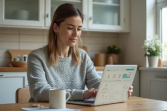 Femme consultant son compte client EDF ENR sur un ordinateur portable dans une cuisine moderne