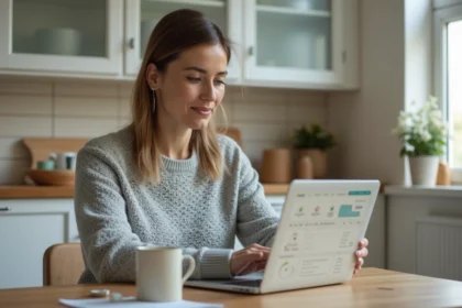 Femme consultant son compte client EDF ENR sur un ordinateur portable dans une cuisine moderne