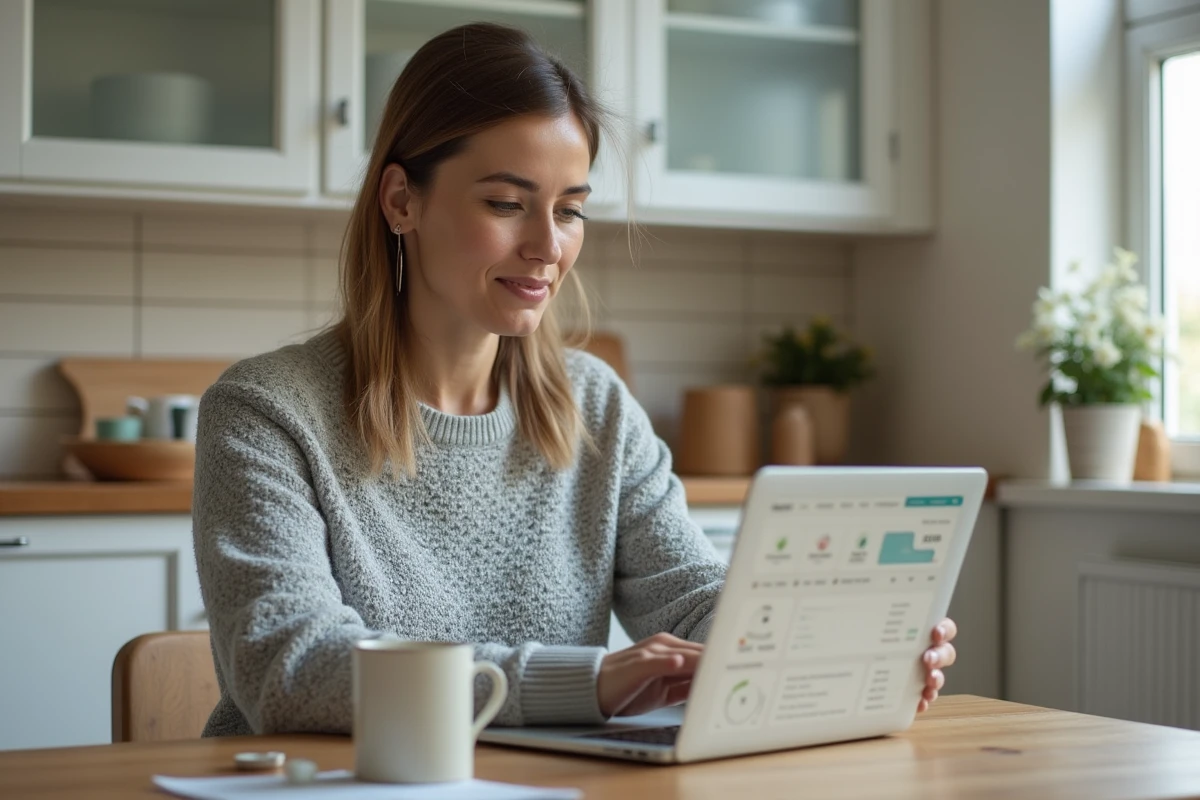 Femme consultant son compte client EDF ENR sur un ordinateur portable dans une cuisine moderne