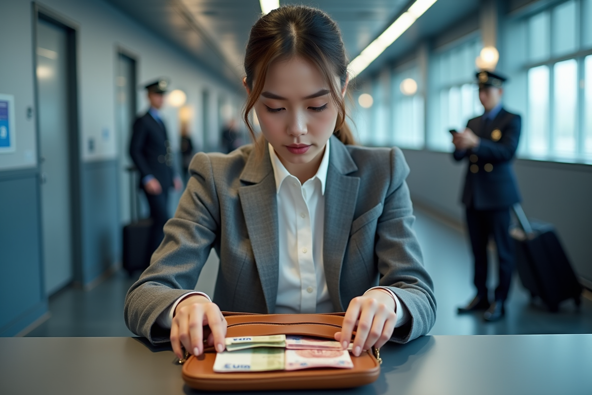 Jeune femme contrôlant des billets dans une douane