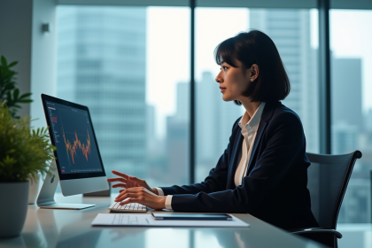 Femme d'affaires analysant des graphiques digitaux dans un bureau moderne