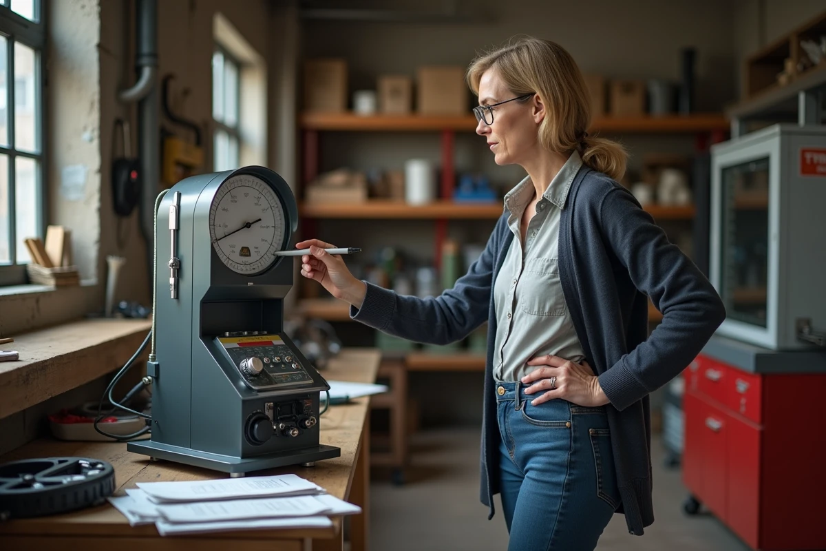 Femme dans un atelier pointant un dynamometre industriel