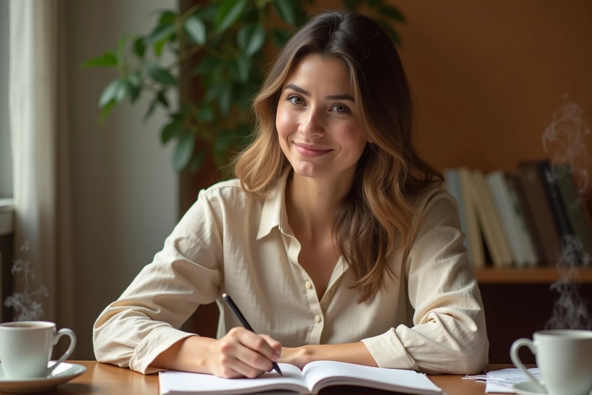 Femme écrivant avec confiance dans un carnet sur un bureau en bois, illustrant l'acte d'écriture affirmée et personnelle