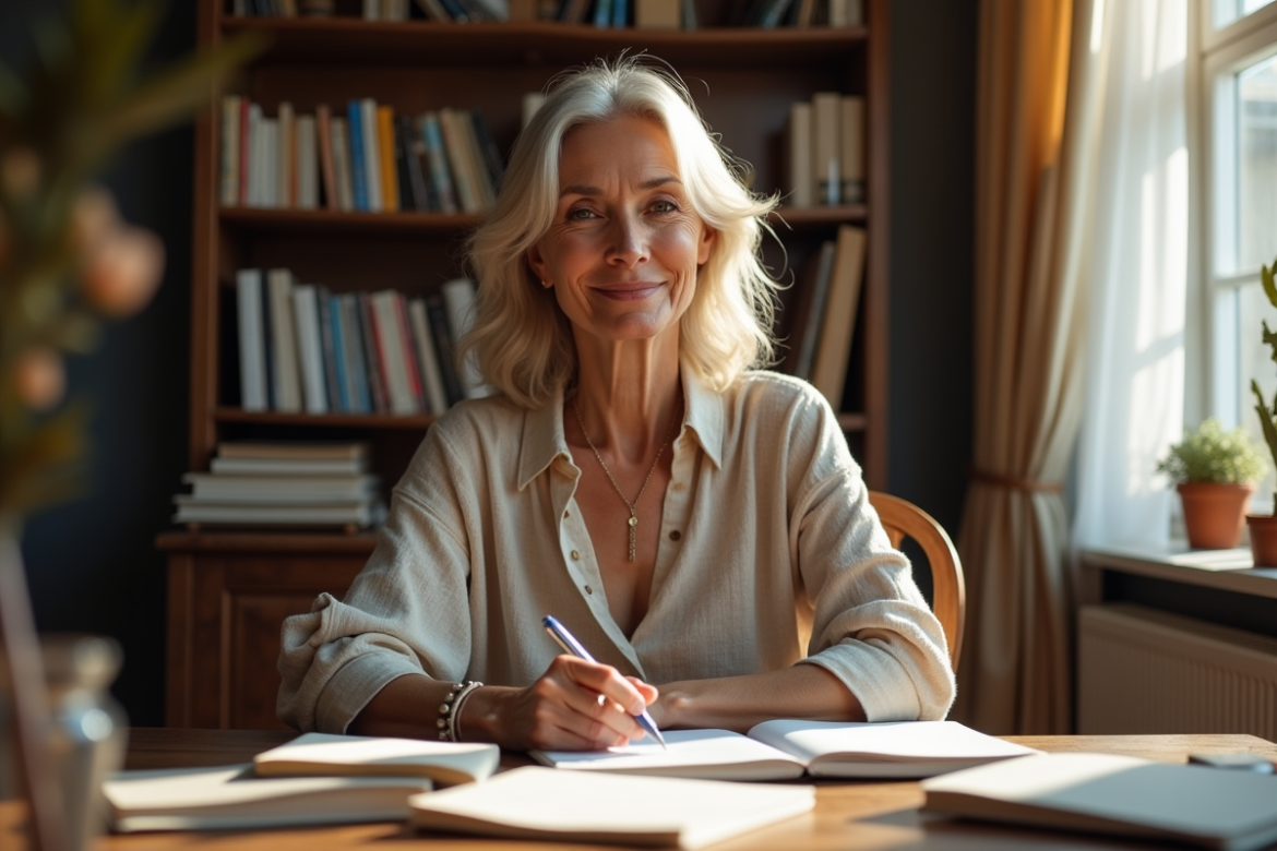 Femme élégante assise à un bureau en bois ensoleillé