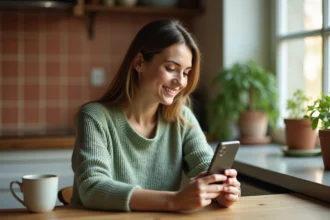 Jeune femme souriante envoyant un emoji croiser les doigts sur son smartphone dans une cuisine chaleureuse