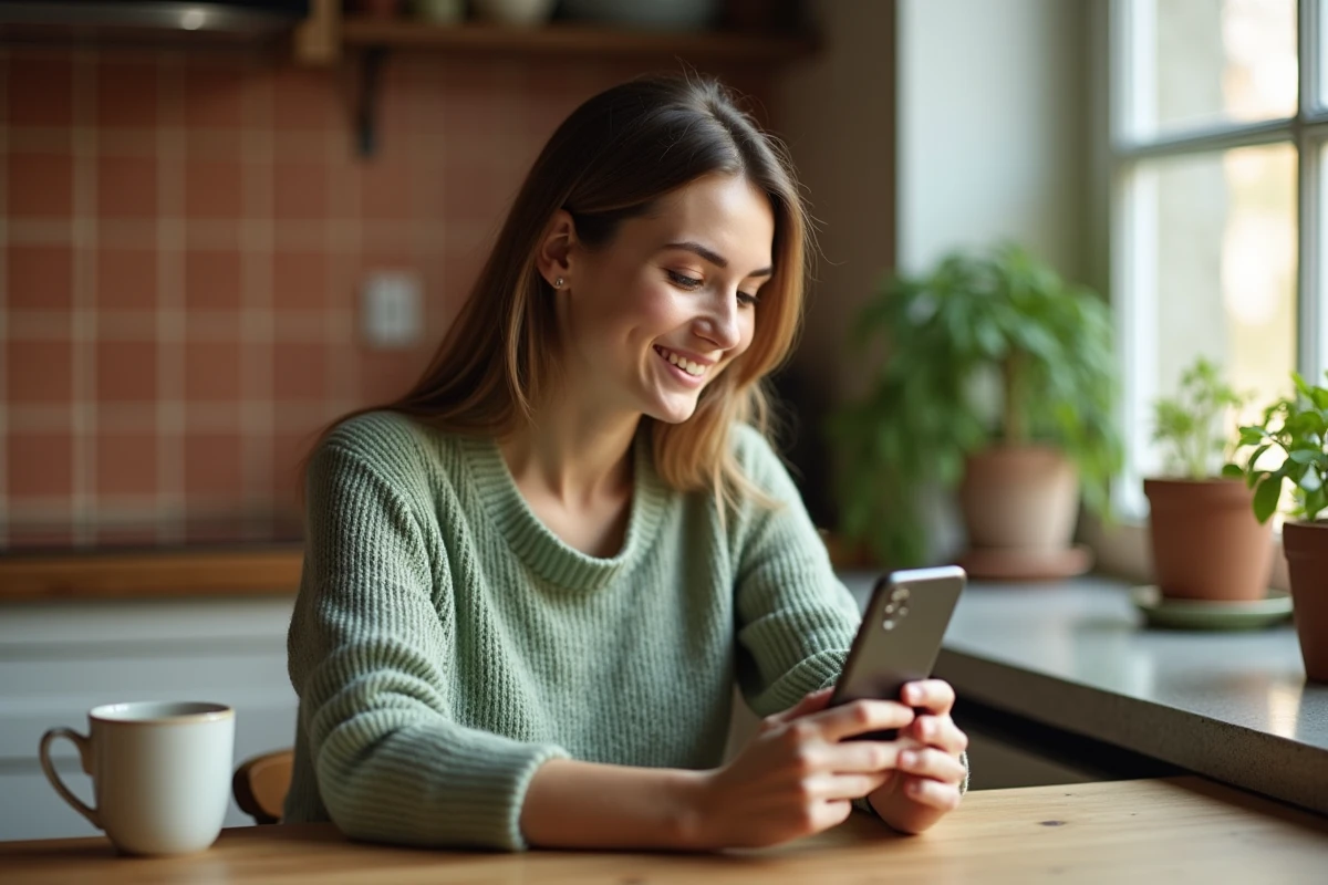 Jeune femme souriante envoyant un emoji croiser les doigts sur son smartphone dans une cuisine chaleureuse