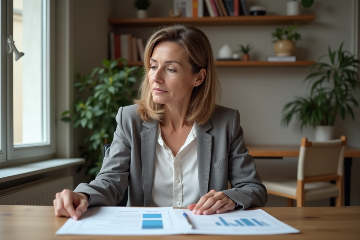 Femme d affaires française examine des documents financiers