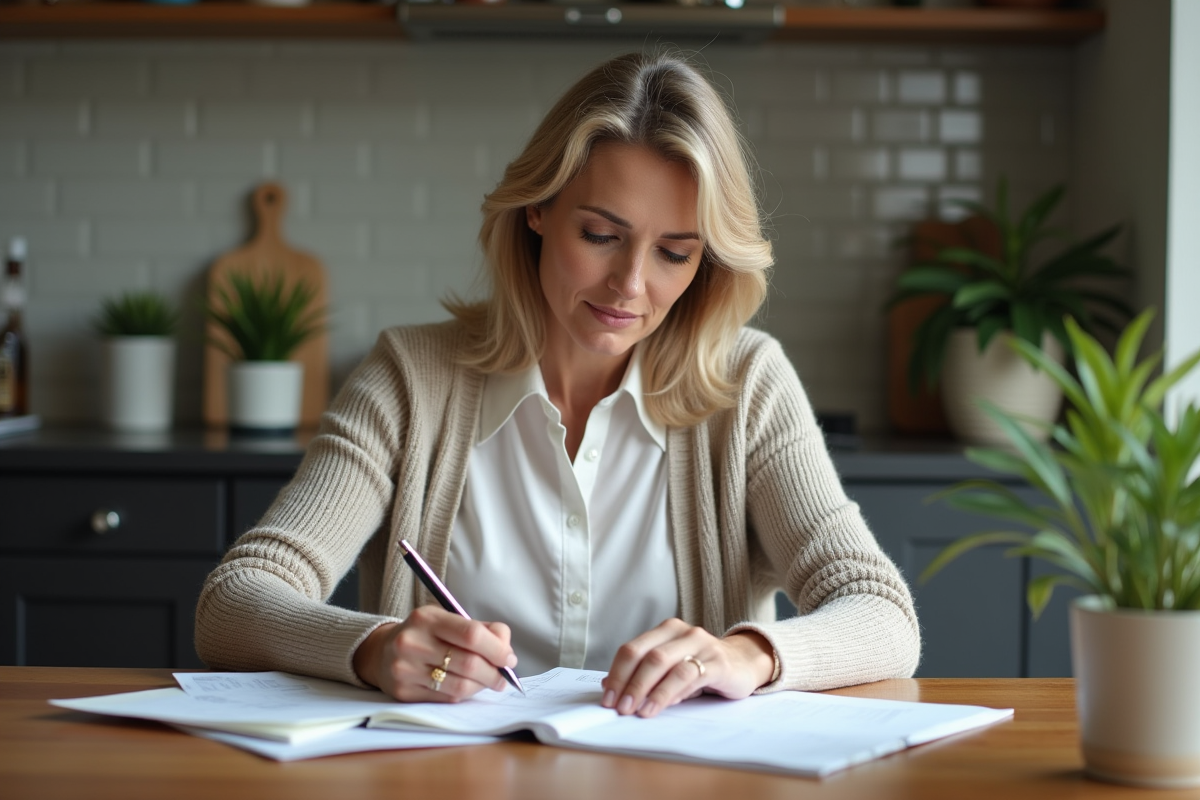 Femme d'âge moyen étudie ses factures à la maison