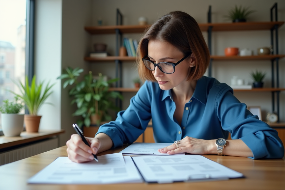 Femme d'âge moyen gérant ses finances à la maison