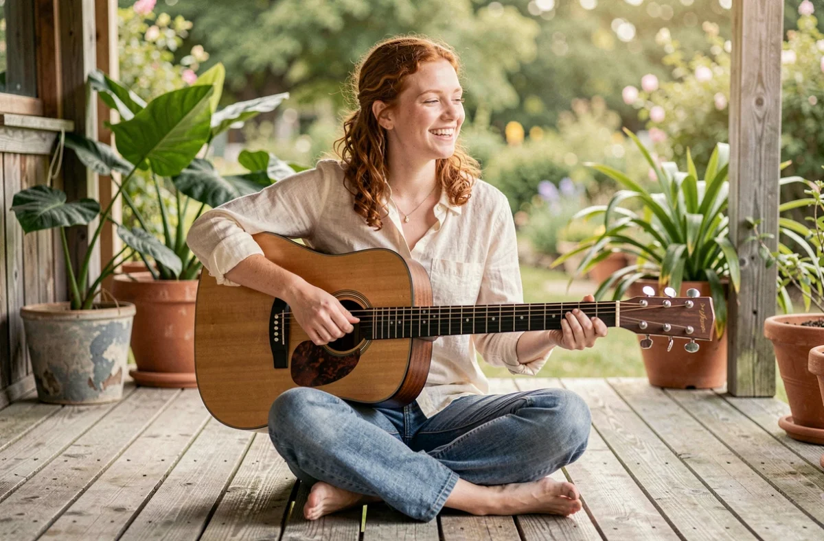 Jeune femme jouant de la guitare acoustique avec un capodastre en plein air sur une terrasse en bois