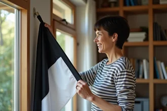 Femme souriante accrochant un drapeau breton dans le salon