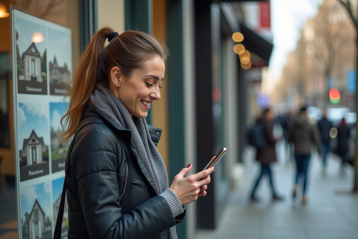 Jeune femme souriante vérifiant son smartphone devant une agence immobilière