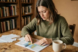 Femme consultant un livret d'indices pour jeu d'évasion Rooms et Exits, assise à une table en bois avec des notes et une tasse de thé
