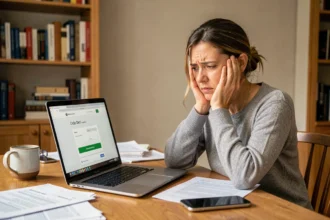 Femme inquiète devant son ordinateur après avoir passé une commande sur un site suspect comme monpokedex