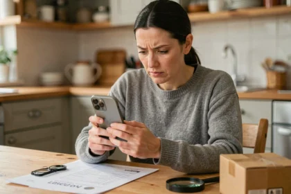 Femme inspectant un iPhone 15 reconditionné avec une checklist avant achat
