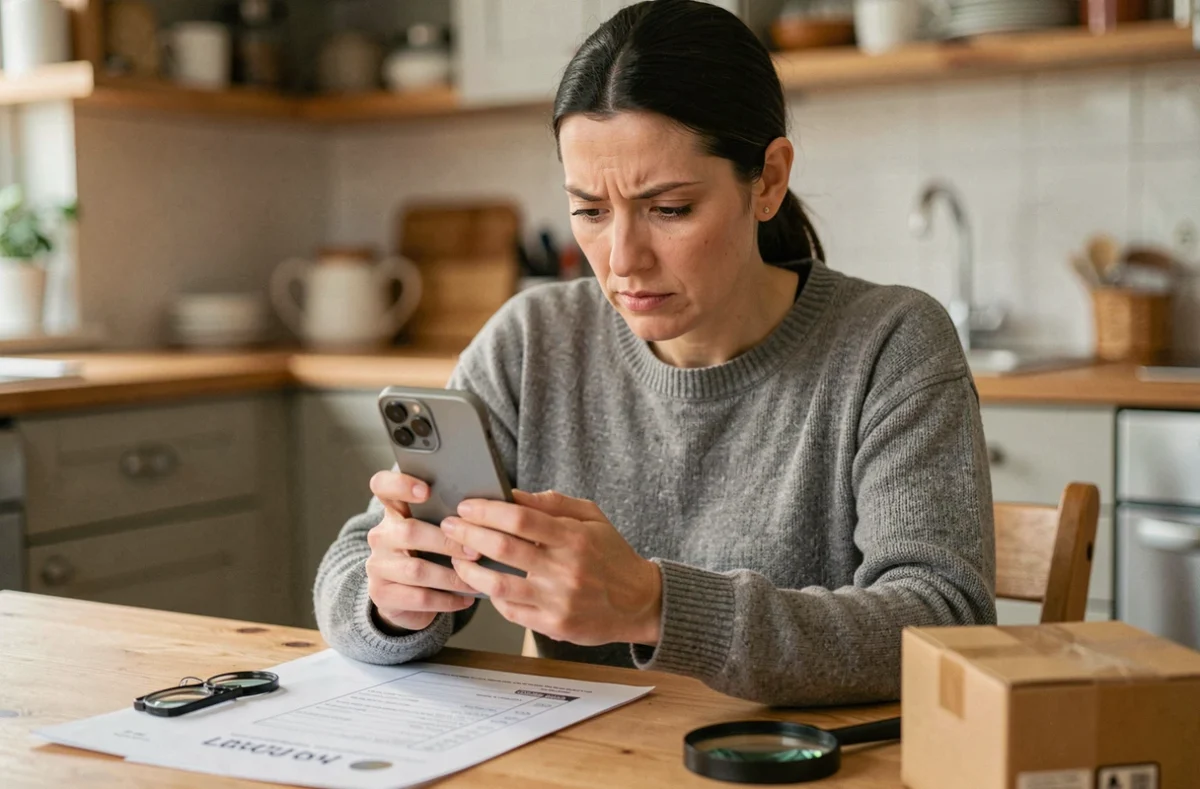 Femme inspectant un iPhone 15 reconditionné avec une checklist avant achat