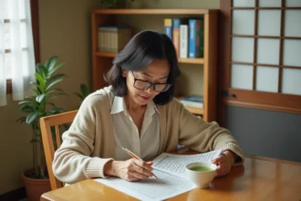 Femme japonaise résolvant des mots fléchés sur une table en bois dans un appartement de Tokyo, avec dictionnaires et tasse de thé vert