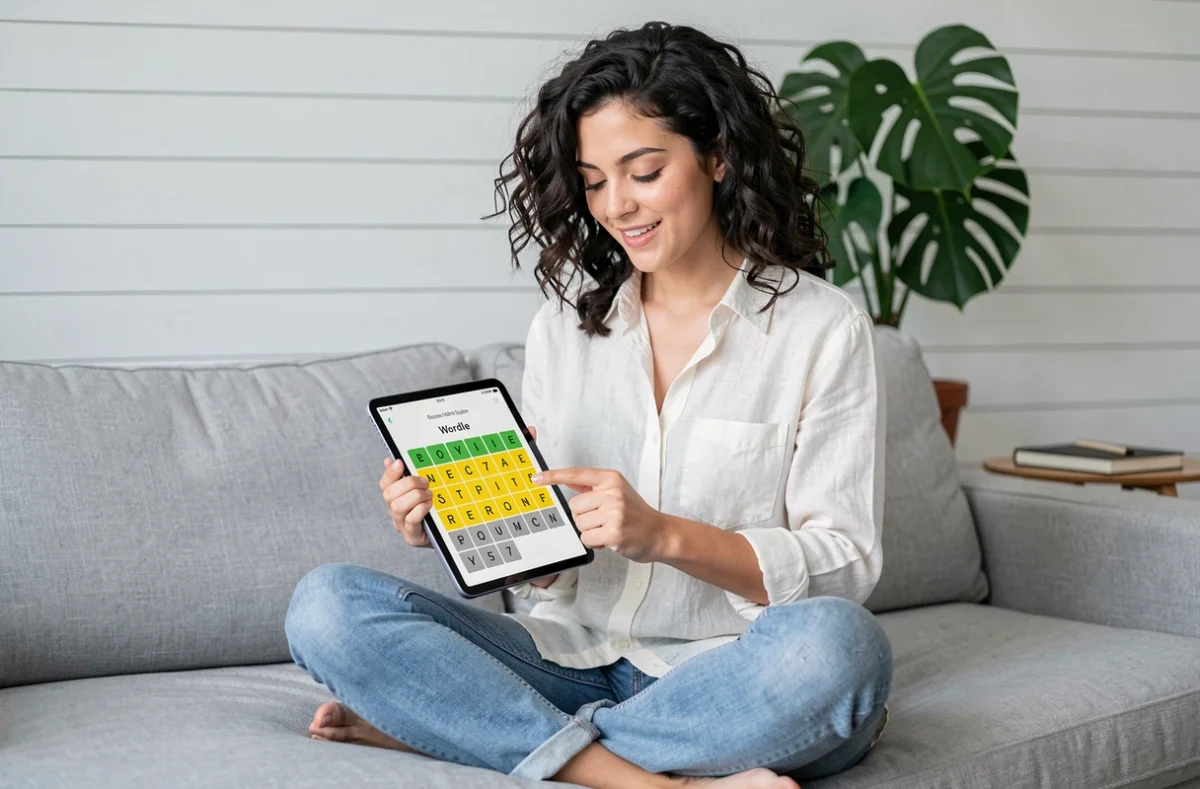Jeune femme souriante résolvant un puzzle de mots à la Sutom sur tablette, installée sur un canapé scandinave moderne