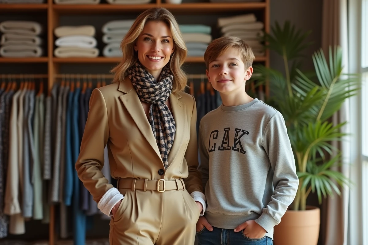Femme élégante et adolescent dans une boutique lumineuse