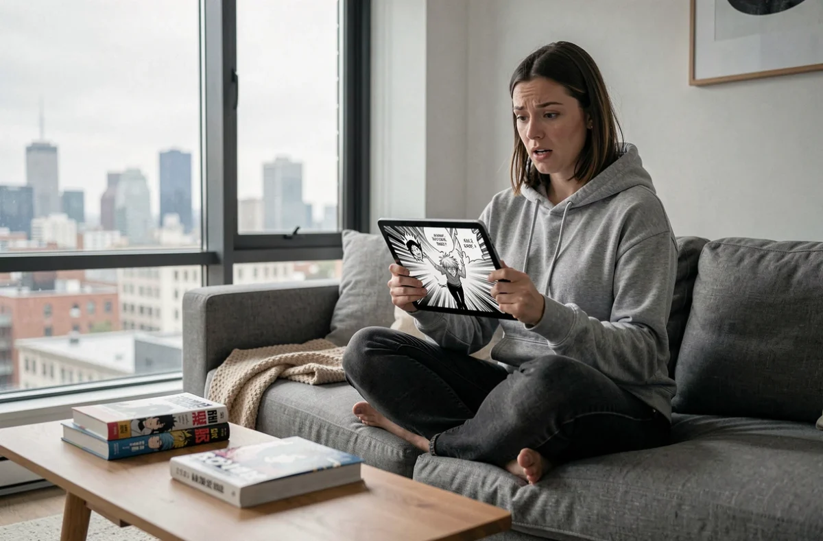 Femme lisant des scanlations manga sur tablette dans un appartement moderne, introduction à One Punch Man