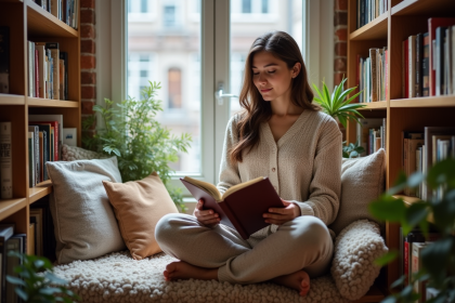 Jeune femme lisant dans un coin cosy d'un appartement