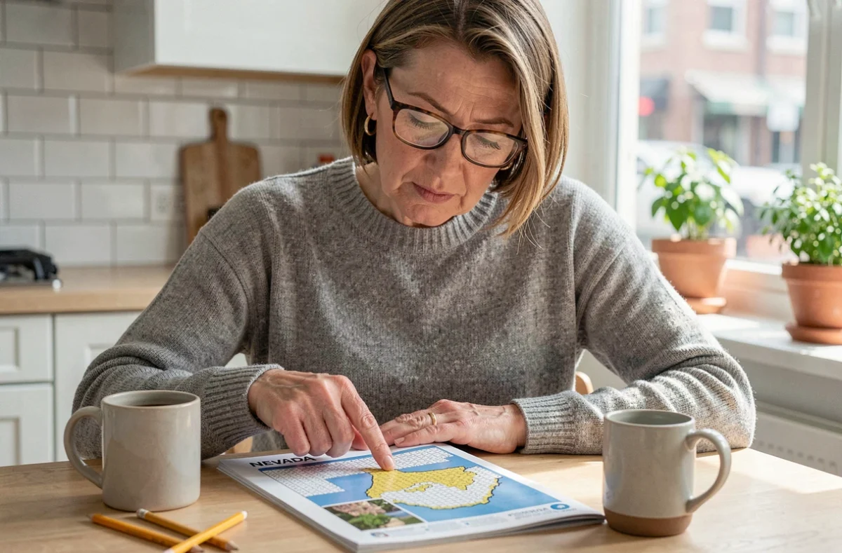 Femme consultant un magazine de mots croisés ouvert sur une grille de géographie du Nevada avec une tasse de café dans une cuisine moderne