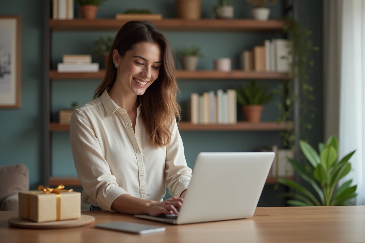 Femme souriante utilisant un ordinateur portable à la maison