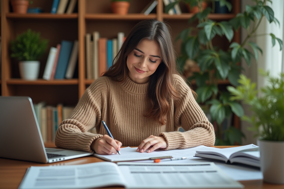 Femme en pull écru prenant des notes sur un bureau avec documents
