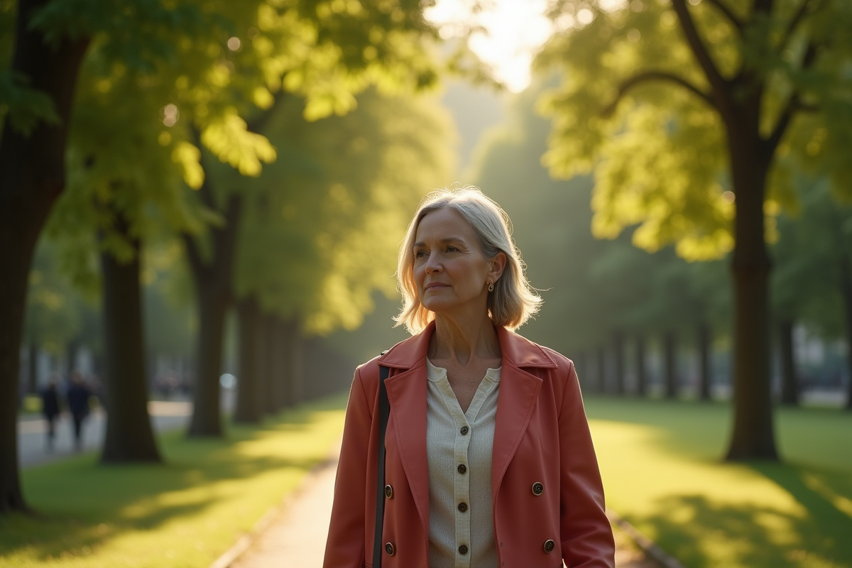 Femme sophistiquée marchant dans un parc parisien matin