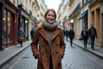 Femme élégante marchant dans Paris en hiver avec manteau et écharpe