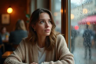 Femme pensive dans un café parisien illustrant la vie de couple et les confidences intimes
