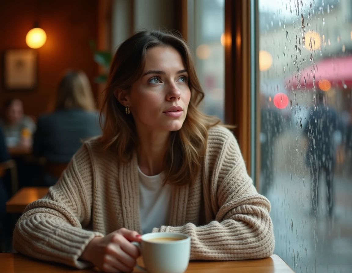Femme pensive dans un café parisien illustrant la vie de couple et les confidences intimes