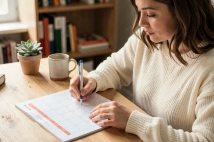 Femme marquant les week-ends sur un planning mensuel imprimé posé sur un bureau en bois