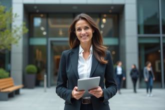 Femme d'affaires confiante devant un bâtiment moderne