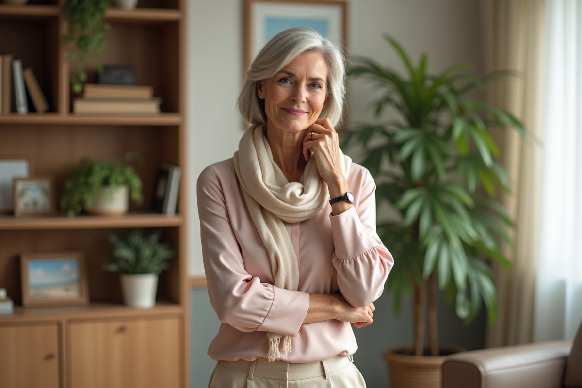 Femme mature souriante dans un salon cosy