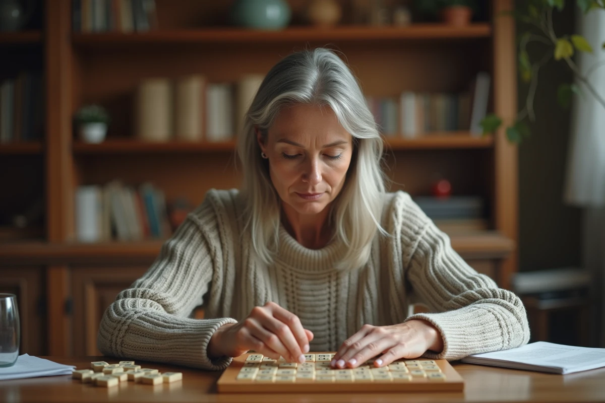 Femme concentrée jouant au Scrabble en arrangeant des lettres sur son chevalet pour former des anagrammes gagnantes