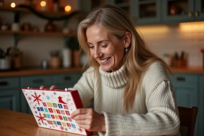 Femme souriante scratchant un calendrier de l'avent