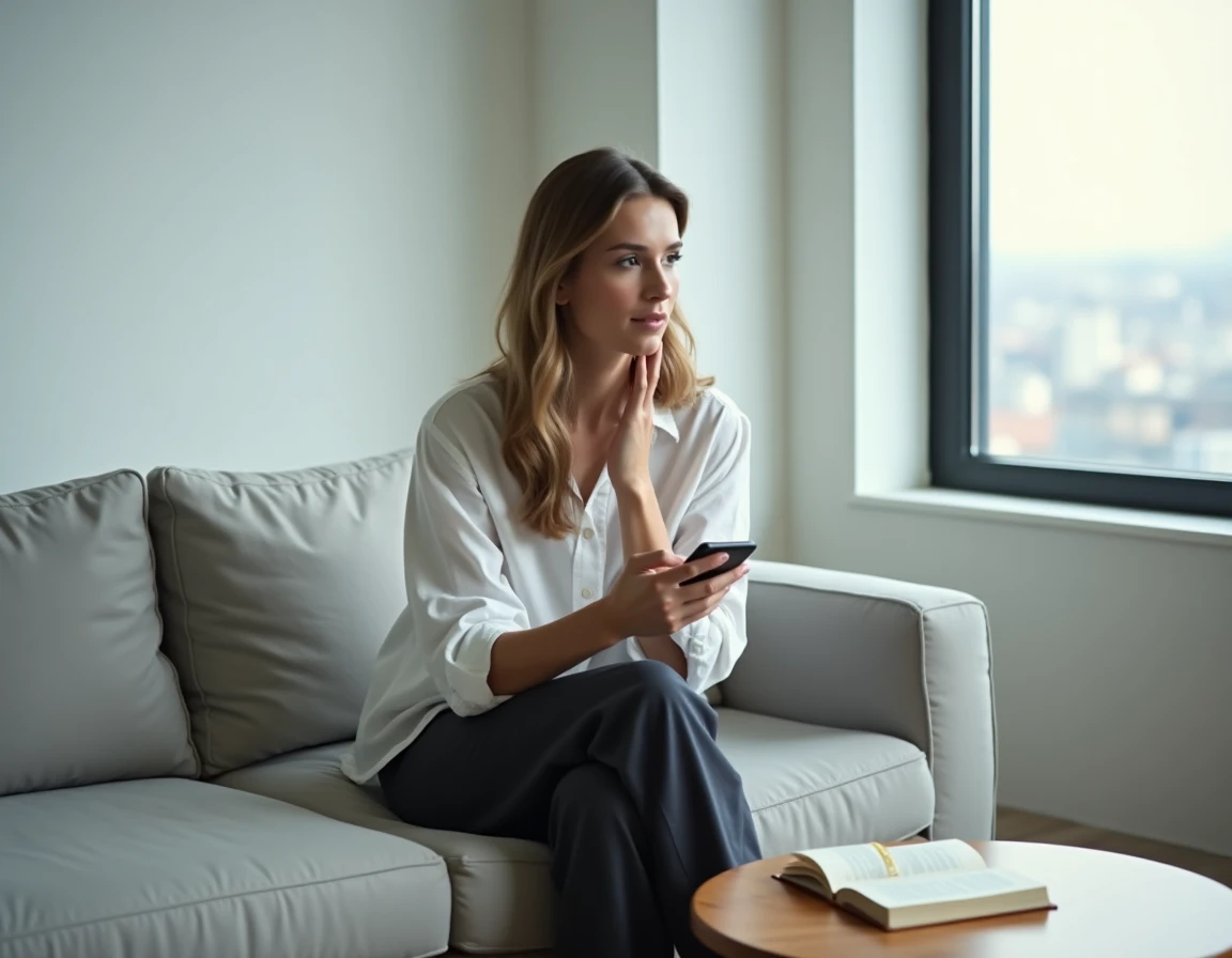 Femme seule et pensive dans un appartement moderne tenant un téléphone, évoquant les révélations sur la vie privée d'un couple