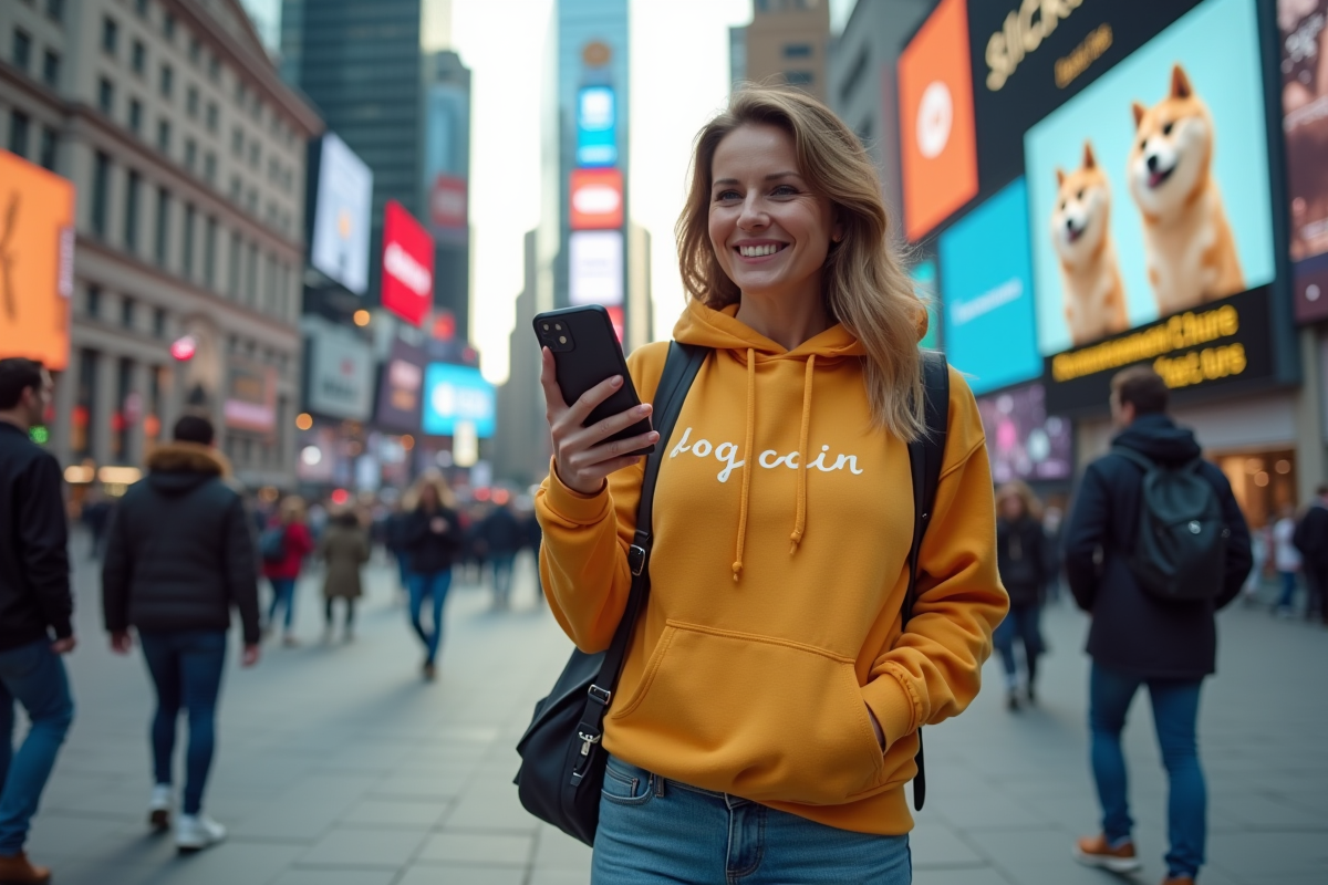 Femme souriante montrant son smartphone avec Dogecoin