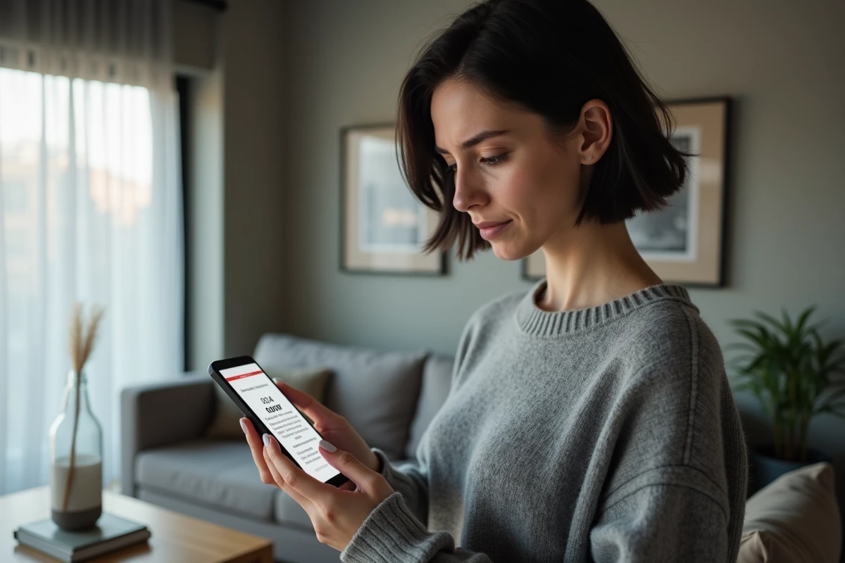 Femme consultant son smartphone avec une erreur 404 et un message de migration de domaine web